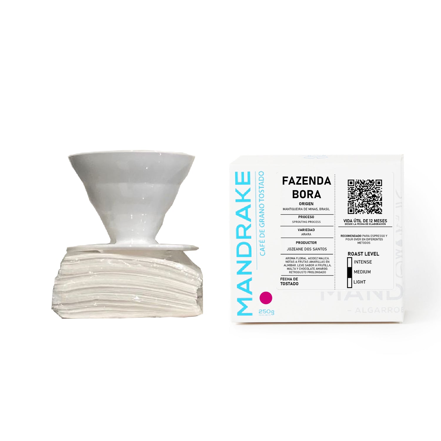 Pack Café Fazenda Bora 250g, Filtros de v60 02 y Dripper acrilico blanco 02