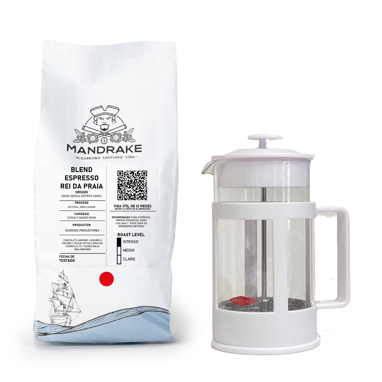 Regalo 1 kg Café Blend “O rei da Praia” + Cafetera Francesa Blanca para 6 tazas