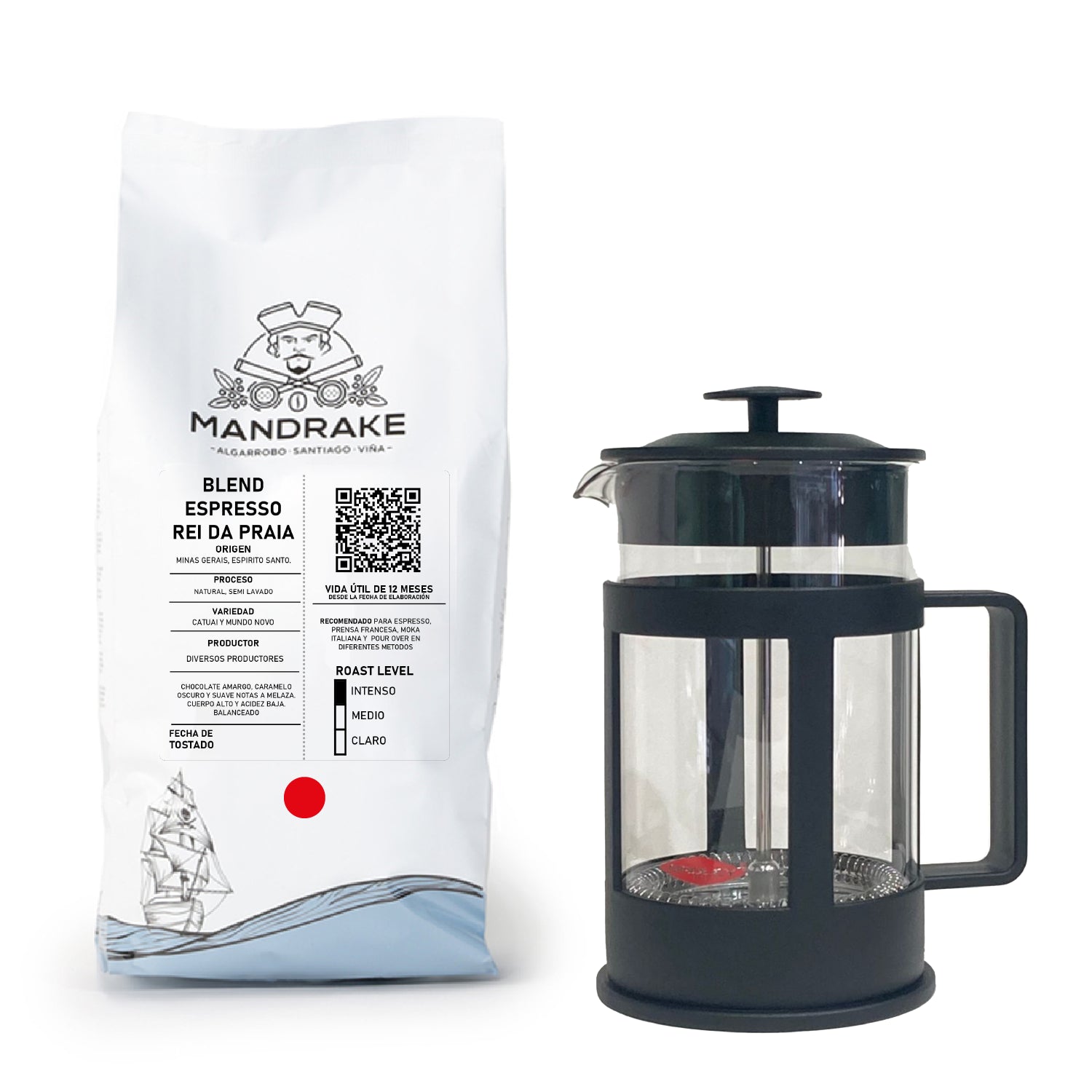 Regalo 1 kg Café Blend “O rei da Praia” + Cafetera Francesa Negra para 6 tazas