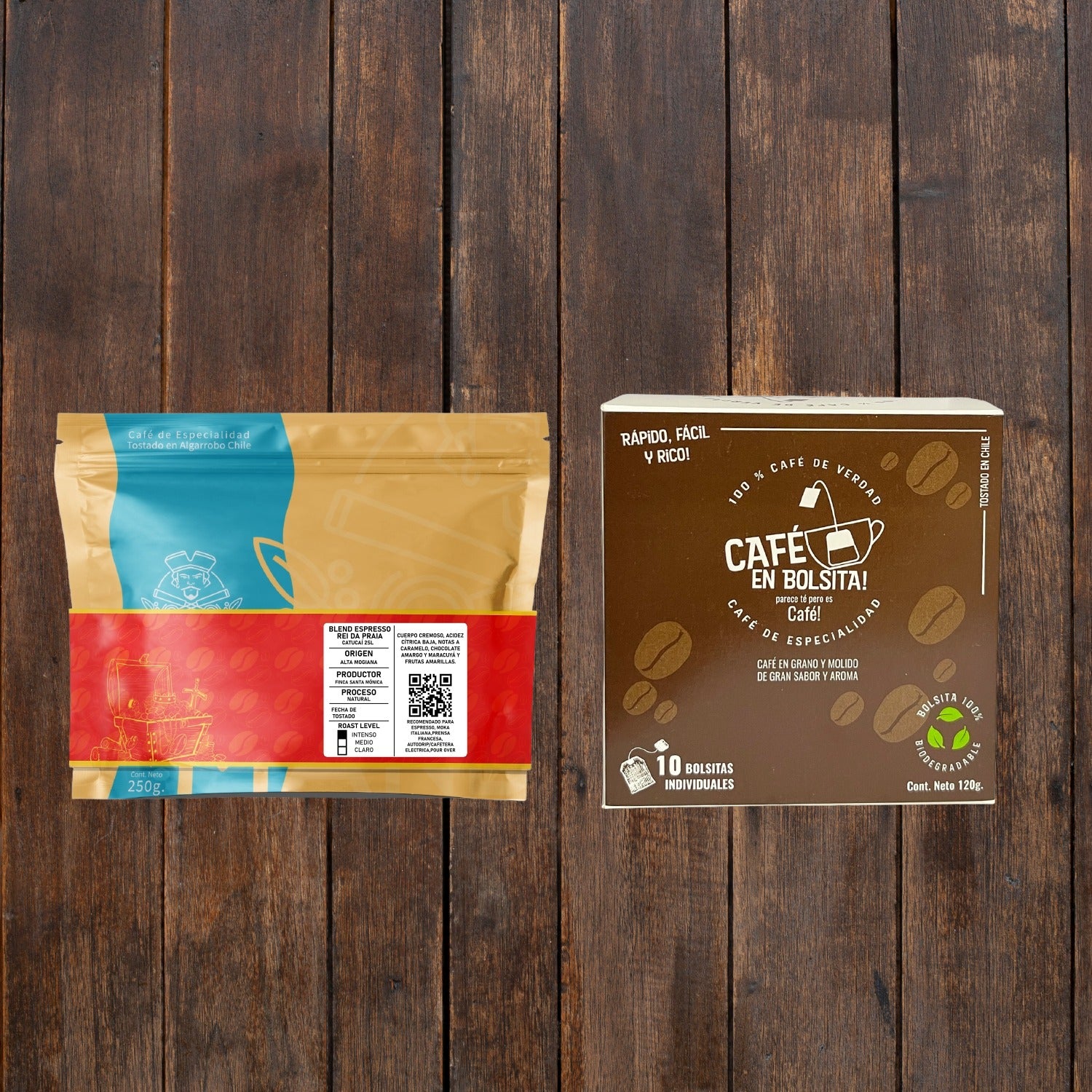 Café en bolsitas 10u y Blend espresso “O rei da Praia” 250 gr.