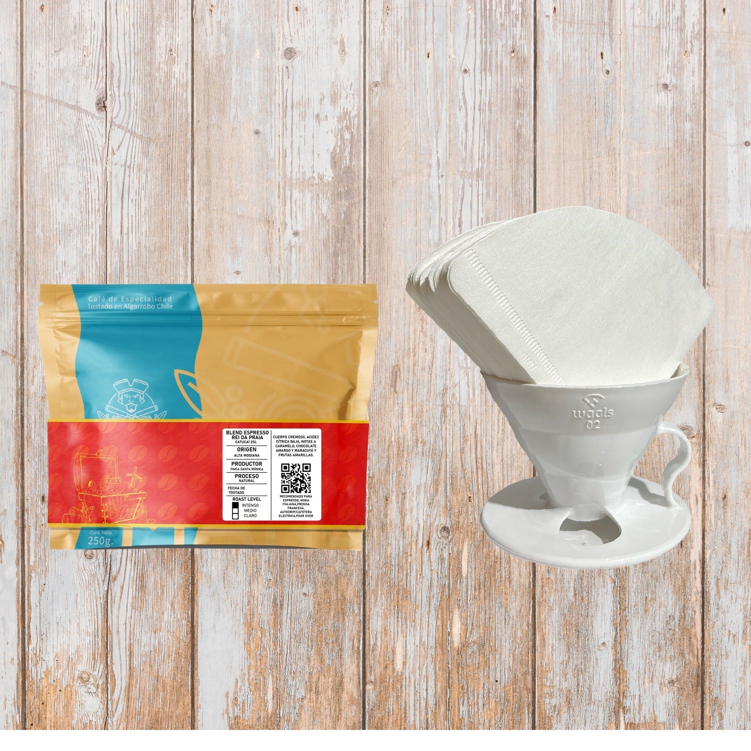 Pack Café Blend Espresso 250g, Filtros de v60 02 y Dripper acrilico blanco 02